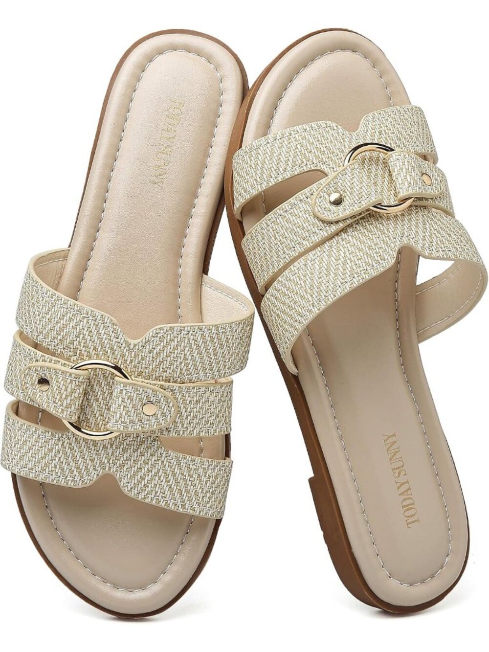 Women's Beige Leather Summer Comfortable Open Toe Slip On Beach Flat Sandals